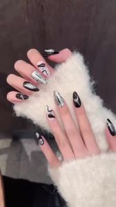 [5in1 Toolkit+HANDMADE]Black Python Eyes Sweet Cool Black Almond Fake Nails With Glue Phototpy Nails Press On Nails Reusable Waterproof