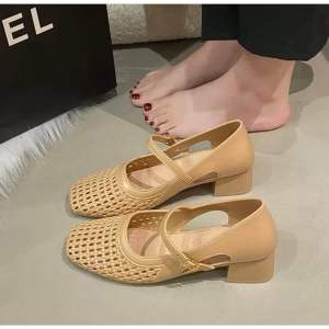 Giày Cao Gót Nữ Mary Jane 5cm Mũi Vuông Quai Cài Đan Lưới Mềm Êm Chân Thời Trang Chất Nhựa PVC size 36-40 trống nước