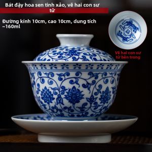Tách Trà Kaolin Nung Bạch Thổ Hoa Sen Quấn Tô Vẽ Tay Gaozui Triad Xanh và Trắng