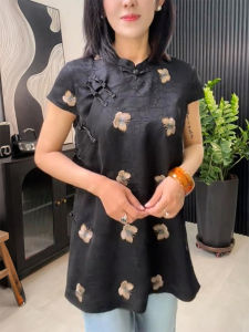 QINGNAER | Butterfly Embroidery Slanted Button Cracked Pattern Mandarin Collar Plus Size Womens Shirt