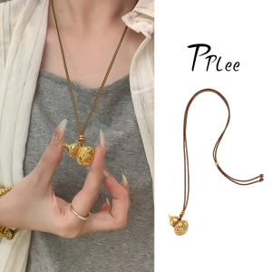 Gold Color Gourd Pendant Necklace Carved Hollow out Design New Chinese Style Fashion Jewelry Sweater Chain for Women