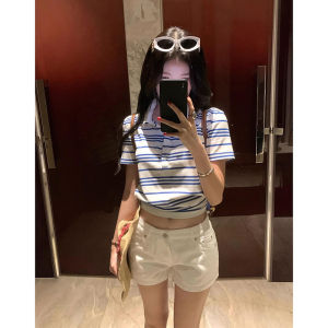 YUEZHONGWEI | Slim Fit American Style Short Sleeve Polo Shirt Womens Summer Blue Striped Turn-down Collar T-shirt Commute Style Korean Version