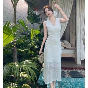 Missliu thời trang 2025 mùa hè phong cách mới kẻ sọc đan sang trọng váy mỏng A-line váy váy nữ Đầm dệt kim giản dị