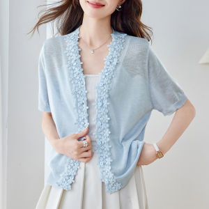 BAIWEISILI | Đồ Knit Mỏng Mát Mùa Hè Áo Ngắn Tay Màu Đơn Sọc Ren Trống