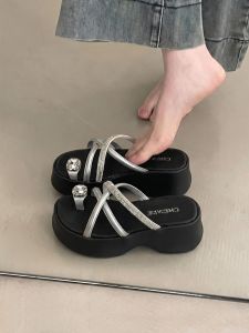 XUJIA | Thick Sole Increase Height Crystal Toe Flip Flops