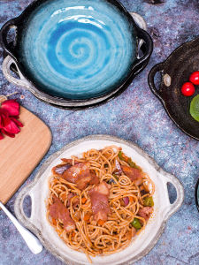 Handmade Coarse Ceramics Double Ear Simple Retro Curry Rice Dessert Plate Japanese Style Irregular Shape Glazed under Color