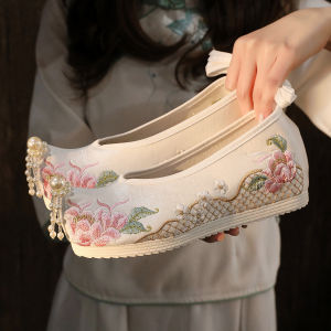 New Style Hanfu Shoes Embroidered Fleece Lined Warmth Increased Indoor Height Student Match Ancient Costume Embroidery Bow Shoes