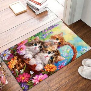 VIKAMA Playful Floral Cat Pattern Rug Non-Slip Decorative Floor Mat for Bedrooms Living Rooms and Childrens Play Areas