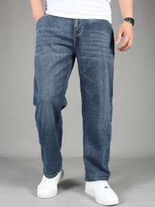 Mens Autumn Winter Thickened Fleece Low Height Nine Points Jeans Elastic Loose Straight Casual Pants Spring Summer Cotton Polyester Elastic Fiber