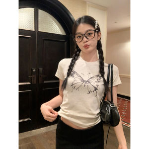 Áo Thun Nữ Tay Ngắn Ôm Vừa Vặn Cổ Tròn in Họa Tiết Bướm Mùa Hè Thường Ngày Phong Cách Hàn Quốc Tay Thường Chất Liệu Khác