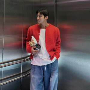 Ankela Red Thickened round Neck Knitted Sweater for Men Spring Autumn Cardigan Outerwear New Year Youth Casual Fashion
