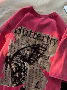 เสื้อยืดแขนสั้นทรงหลวมสไตล์อเมริกันย้อนยุคสีชมพูแดง 320 กรัม เสื้อยืดผู้ชาย แบรนด์แฟชั่น ทรงหลวม แขนสั้น คู่รัก