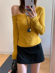 Spicy Girl Pure Desire Style Long Sleeve Asymmetrical Shoulder T-Shirt Women Early Spring Slim Fit Korean Version Innerwear Outerwear Base Shirt Top