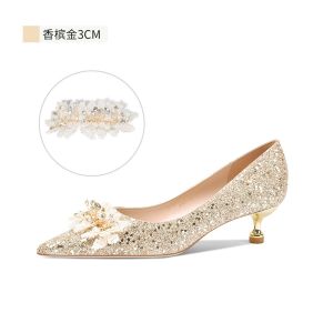 Crystalline Wedding Shoes Womens Low Heel Fashionable Two-Way Wear Comfortable Champagne Color Maternity Footwear Single-Sole