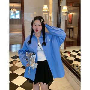 Áo Sơ Mi Thêu Dazi Cỡ Lớn Cho Nữ Mùa Thu 2025 Áo Sơ Mi Cotton Dài Tay Màu Xanh Rộng Rãi Thoải Mái Phong Cách Công Sở Phiên Bản Hàn Quốc
