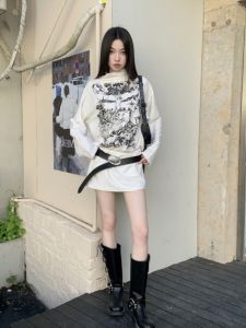 Womens Long Sleeve Knitted T-Shirt White High Collar Printed Slim Fit Base Shirt Casual Style Spring Autumn Season Top