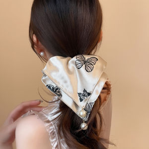 Elegant Butterfly Print Pearl Square Scarf Versatile Chinese Style Hair Ties High Aesthetic Value Hair Bands Fashion Accessories