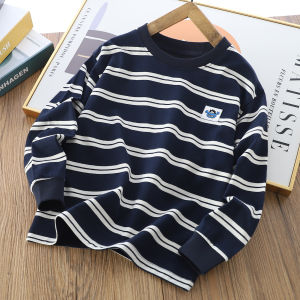 Pure Cotton Long Sleeve Striped T-Shirt for Boys Ages 4-14 Moisture Wicking round Neck Base Layer Top Casual Spring Autumn Wear