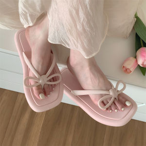 Simple Pure Color Thin Strip Flip Flops for Women Soft Bottom Beach Sandals with Butterfly Knot Clip-On Style for Youth