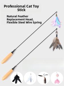 Cat Toy Feather Dangle Long Stick Bamboo Dragonfly Interactive Chew Resistant Replacement Head for Kittens Boredom Buster