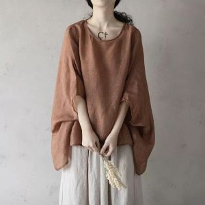 High-End plus Size Womens Summer New Thin Batwing Sleeve Cotton Linen T-Shirt Meat Covering Slimming Effect Korean Style Loose Fit