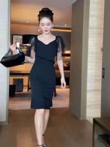 ZY·HT Korean Fashion Lady Dress Mesh Short Sleeve Heart Collar Slim Midi Elegant Dinner Dress 5060 eravogue