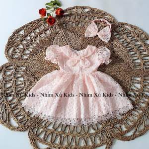 (4-18kg) Váy Ren Hồng Công Chúa NHÍM XÙ KIDS Cho Bé Gái Sơ Sinh Đầy Tháng Thôi Nôi V085