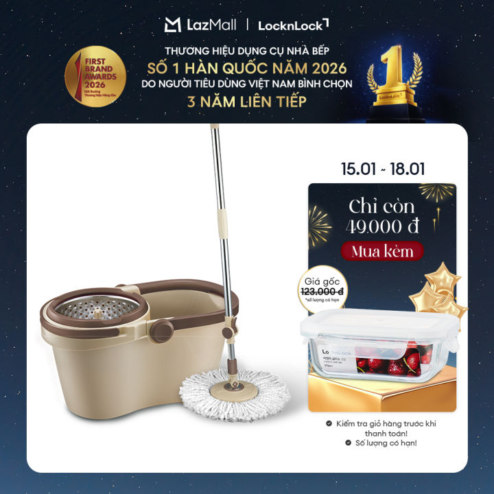 Bộ cây lau nhà vắt 360 độ Lock&Lock Compact Spin Mop - ETM466 - Màu nâu - Thép không gỉ - Hàng chính hãng