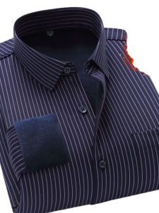 Thickened Fleece Warm Business Casual Shirt Slim Fit Blue Striped Long Sleeve Mens Shirt for Young Professionals Winter Wear