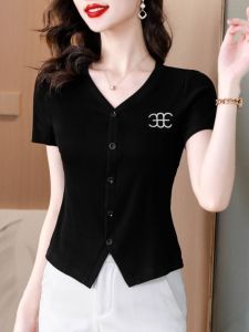 French V-neck Short Sleeve T-shirt Women Summer Slimming Embroidery Age-defying Short Fashionable Waist-cinching Top