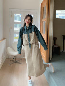 ชุดเดรสแขนยาวผ้าเดนิมสไตล์เกาหลี ทรงเข้ารูป กระดุม ทรงหลวม ชุดทำงาน ชุดเดรสผู้หญิง ชุดเดรสยาว ชุดเดรสแขนยาว