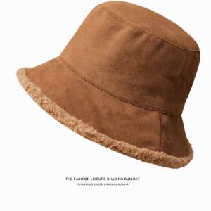 Autumn/winter Double-sided Japanese Bucket Hat Womens Warm and Cold-proof Face Cover Thickened Imitation Lamb Plush Basin Cap