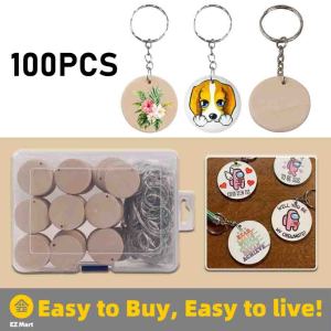 【Fast Shipping】 Mini Wooden Circle Keychain 100pcs Natural Wood Slices Unfinished Discs Predrilled Round Wood Blanks Key Rings Keychain-Wood-Kit-Single