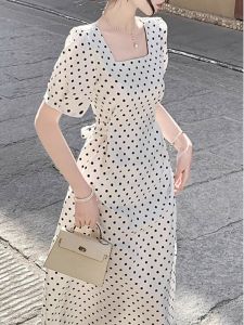 Elegant French Vintage Polka Dot Dress Square Collar Travel Tea Break Outfit Womens Summer Short Sleeve Casual Ins Style