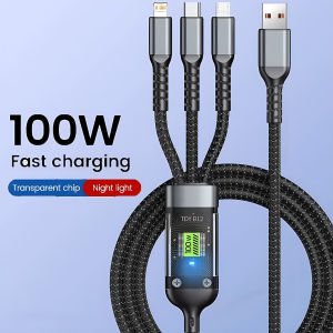 Cáp Sạc USB 3 Trong 1 6A 100W Sạc Nhanh Hỗ Trợ Micro USB Type-C Dành Cho Huawei Honor Samsung iPhone 14 Thiết Kế Dệt Dài 1.2M