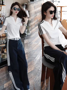 Shalldoer | Summer Outfit Set Womens New 2025 Three Bars V-neck Short Sleeve T-shirt High Waist Straight Leg Pants Two-piece Set