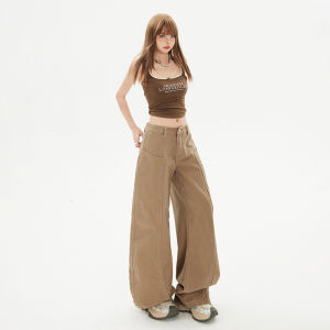 Khaki Color High Waist Extended American Style Wide Leg Scythe Jeans Womens Spring 2025 New La Chapelle Casual Cotton Denim