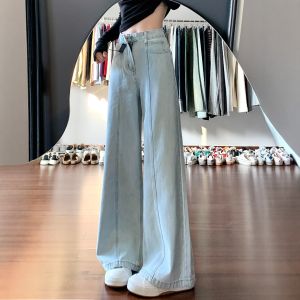 plus Size Womens Light Blue High Waist Straight Leg Jeans Loose Fit Drapey Wide Leg Floor Length Trousers Casual Denim