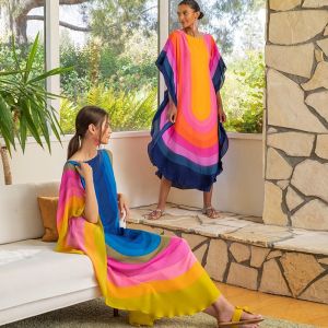 Bold Color Contrast Rainbow Kaftan Stunning Party Beach Cover Ups Holiday Resortwear Impressed Maxi Dresses Women Caftan Loose Fit Plus Size Long Dress