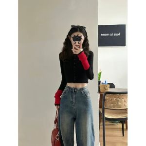 Color Block Knitted Cardigan Womens Slim Fit Style Korean Version Long Sleeve Top for Early Autumn Fashionable Inner Wear