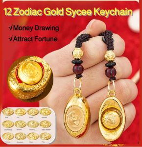 12 Zodiac gold keychain Money Drawing Lucky Spinning Pendant Car Trinket