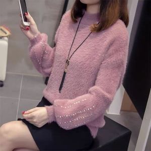 Womens Loose Knitted Sweater Thickened Hooded Mink Fur Autumn Winter Outerwear Student Coat Trendy Base Layer Top