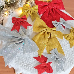 【Happy Time Exclusive】6/12Inch Large Christmas Bow Glitter Bowknot Ornaments for Xmas Tree Wreath New Year Holiday Home Decoration Big Ribbon Bow Indoor Outdoor Hanging Front Door Wall Stair Mall Office Props Reusable Durable TikTok Ins Viral Decor Setup