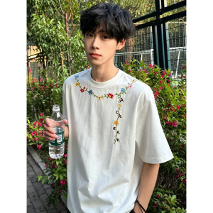 OUMULONG | Floral Embroidery Short Sleeve Cotton Narrow Collar Summer Boyish T-Shirt