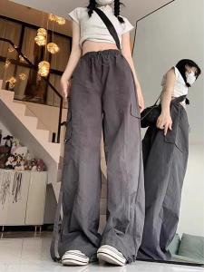 Retro Hot Girl Straight Leg Workwear Casual Pants Womens Spring Summer New High Waist Pocket Floor-Length Drawstring Trousers