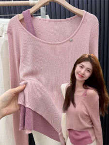 เสื้อสเวตเตอร์ถักแขนยาวคอปกกลมสไตล์เกาหลีสีชมพูหวานสำหรับผู้หญิงในฤดูใบไม้ร่วงและฤดูหนาว เสื้อชั้นในแบบสวมหัว