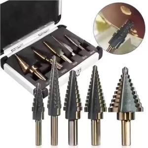 Bộ 5 Mũi Khoan Bước HSS Cobalt Nhiều Kích Cỡ Lỗ Đầu Titan Cacbua Hình Nón Dụng Cụ Khoan Gỗ