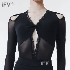 Black Mesh Long Sleeve Practice Suit IFV Adult Womens 1022 One-Piece Top Latin Dance Wear V-neck Sport Fitness Gymnastics