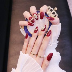 (WITH GLUE) 24PCS Fake Nails Burgundy Diamonds INS long design Wearable Detachable 24片酒红一字鑲钻INS风长款指甲片可穿戴可拆卸