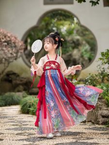 Spring Autumn High-End Red Hanfu Childrens Costume Girls Fairy Tale Style Cheongsam Dress Cotton Lining Polypropylene Polyester